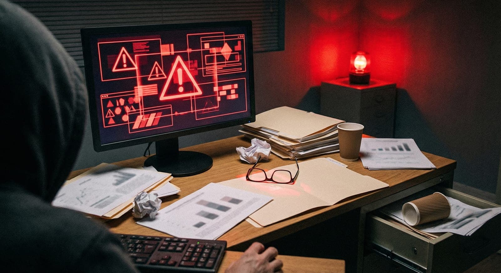 Hacked computer screen with red alert warnings