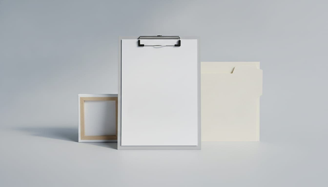 A clipboard, a document folder and a small framed canvas