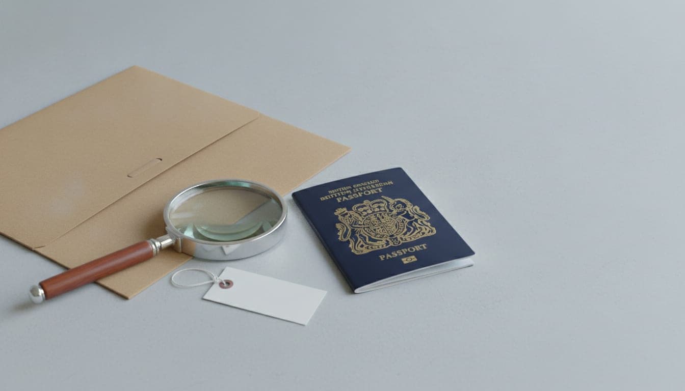 A passport, a magnifying glass and a document folder