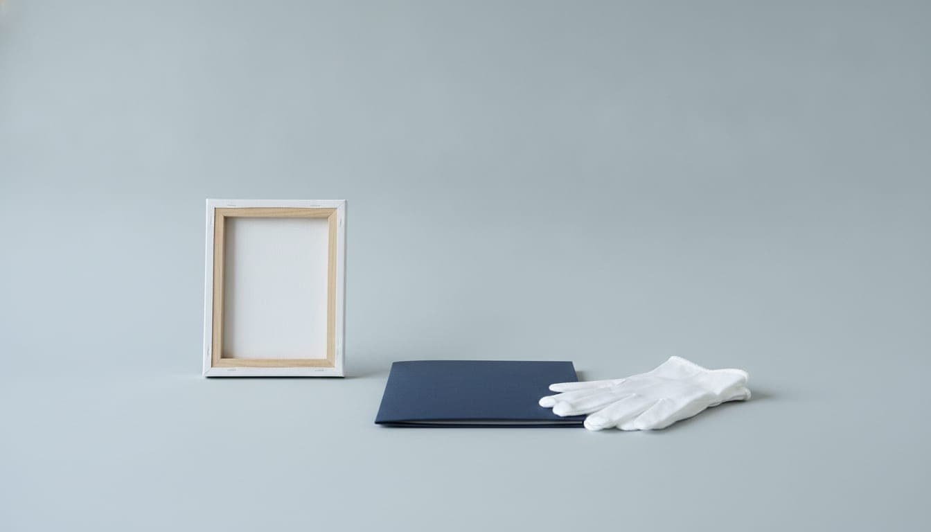A framed canvas, a document folder and art-handling gloves