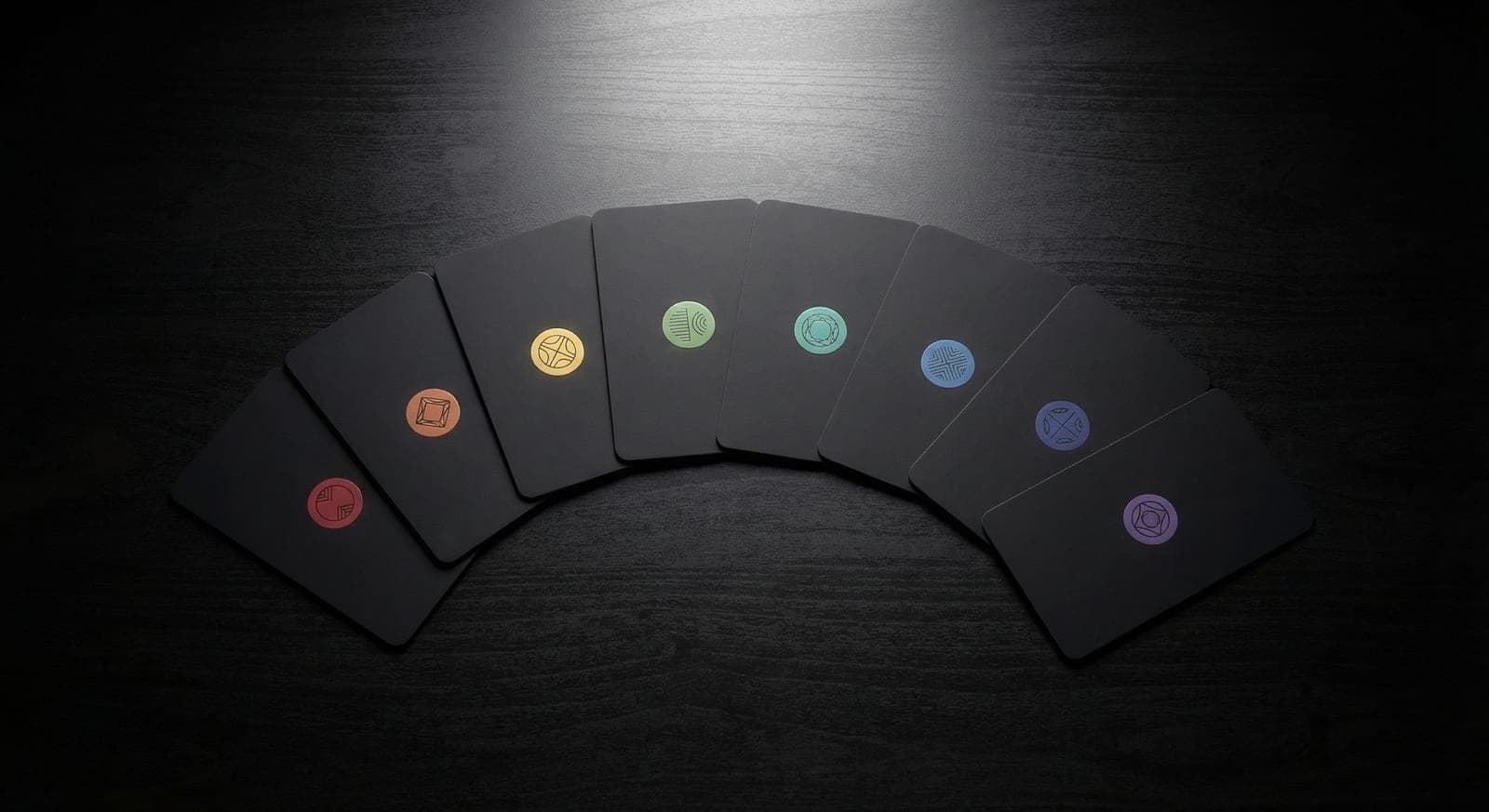 A fan of dark FileSeal cards, each marked with a coloured seal, on a dark surface