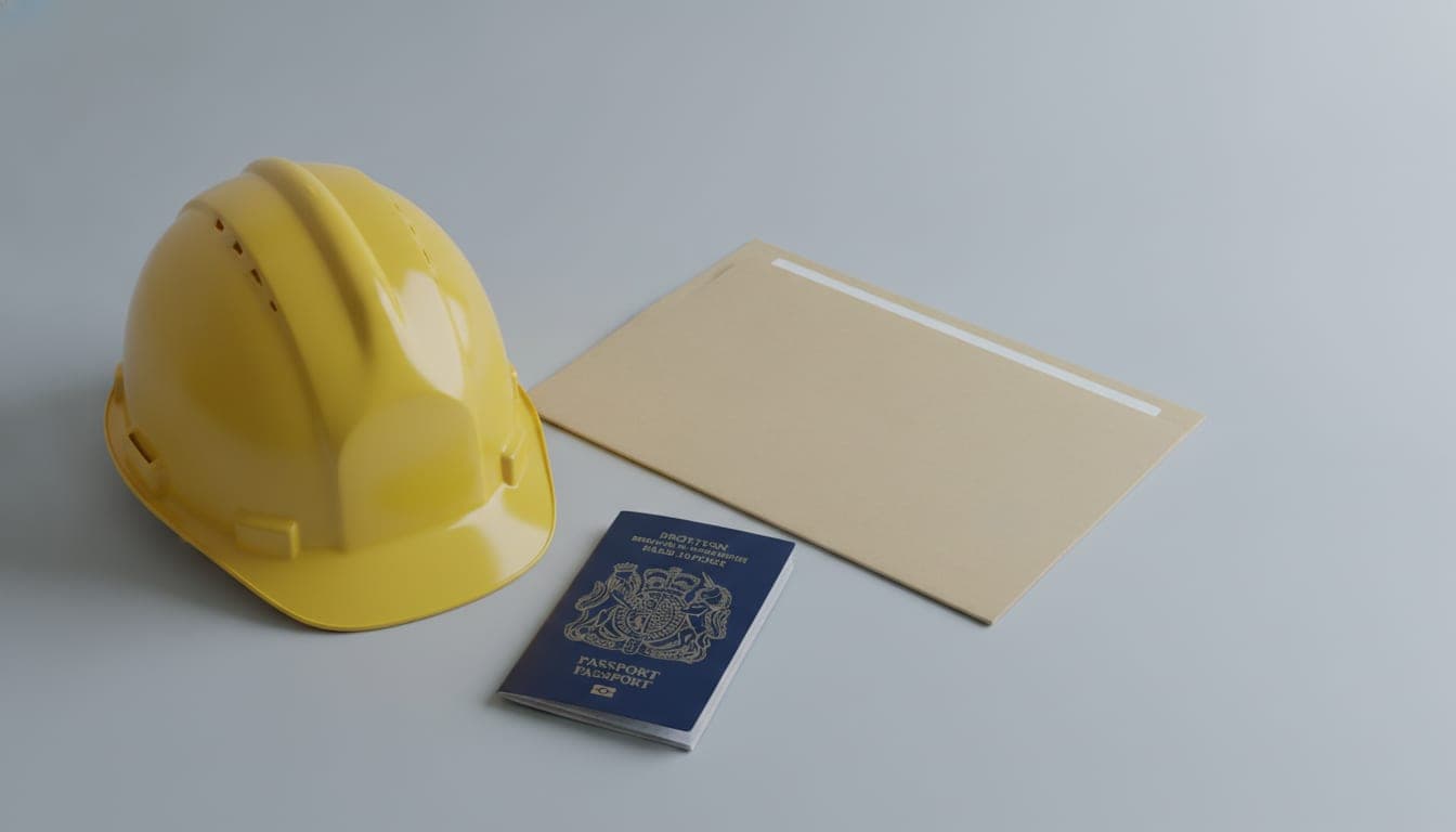 A hard hat beside a folder and a passport on a workbench
