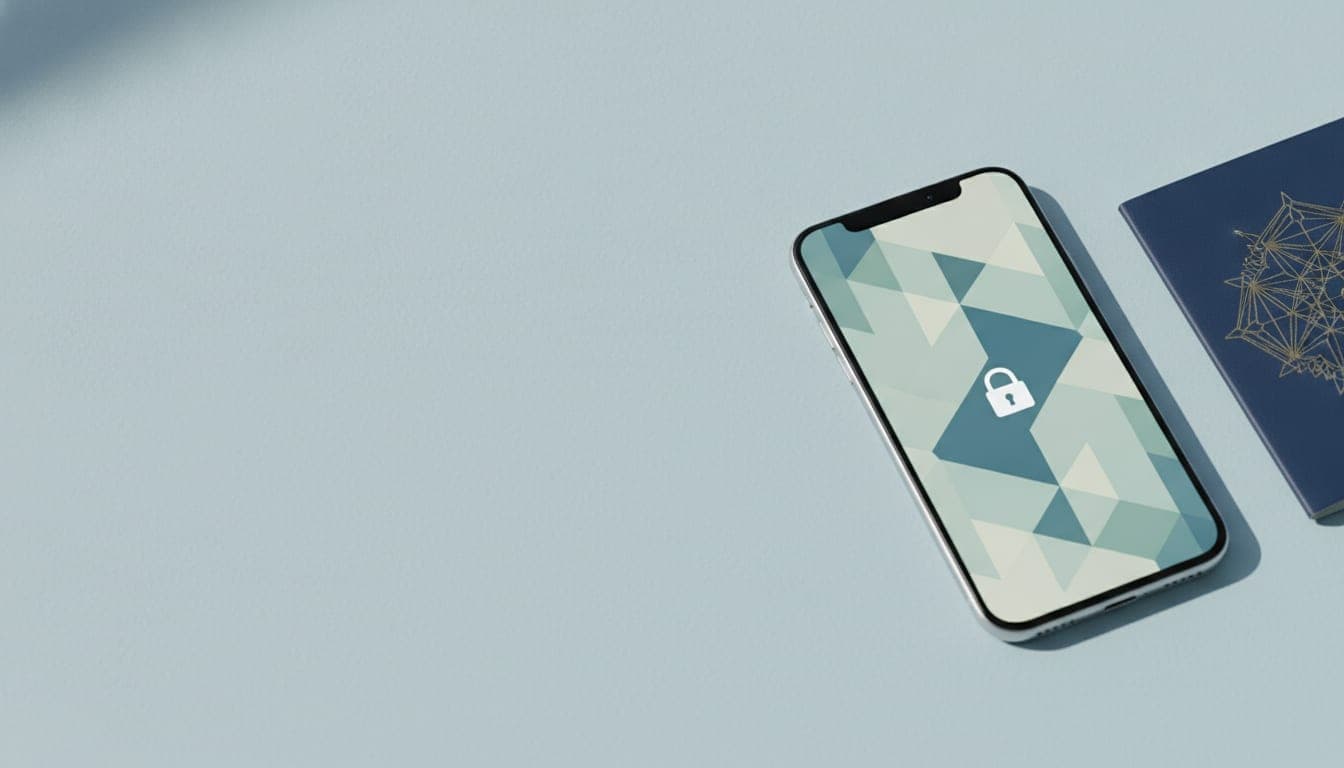 A phone showing a locked app screen beside a passport