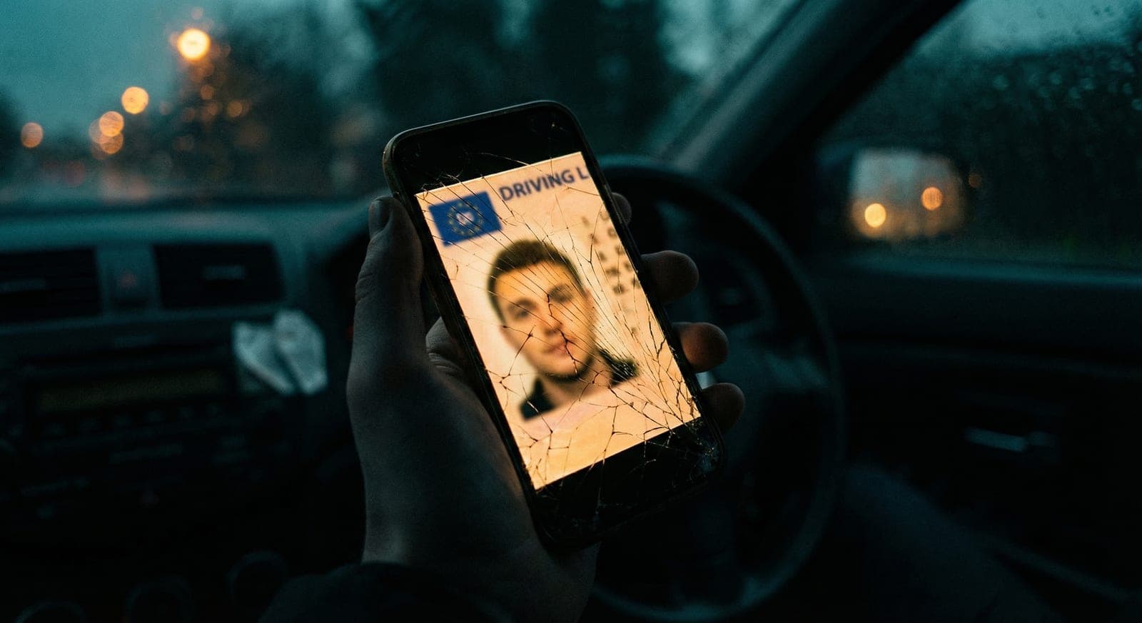 Cracked phone screen showing a driving licence photo