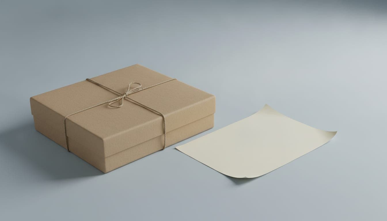 A sealed document box tied with string beside a sheet of paper