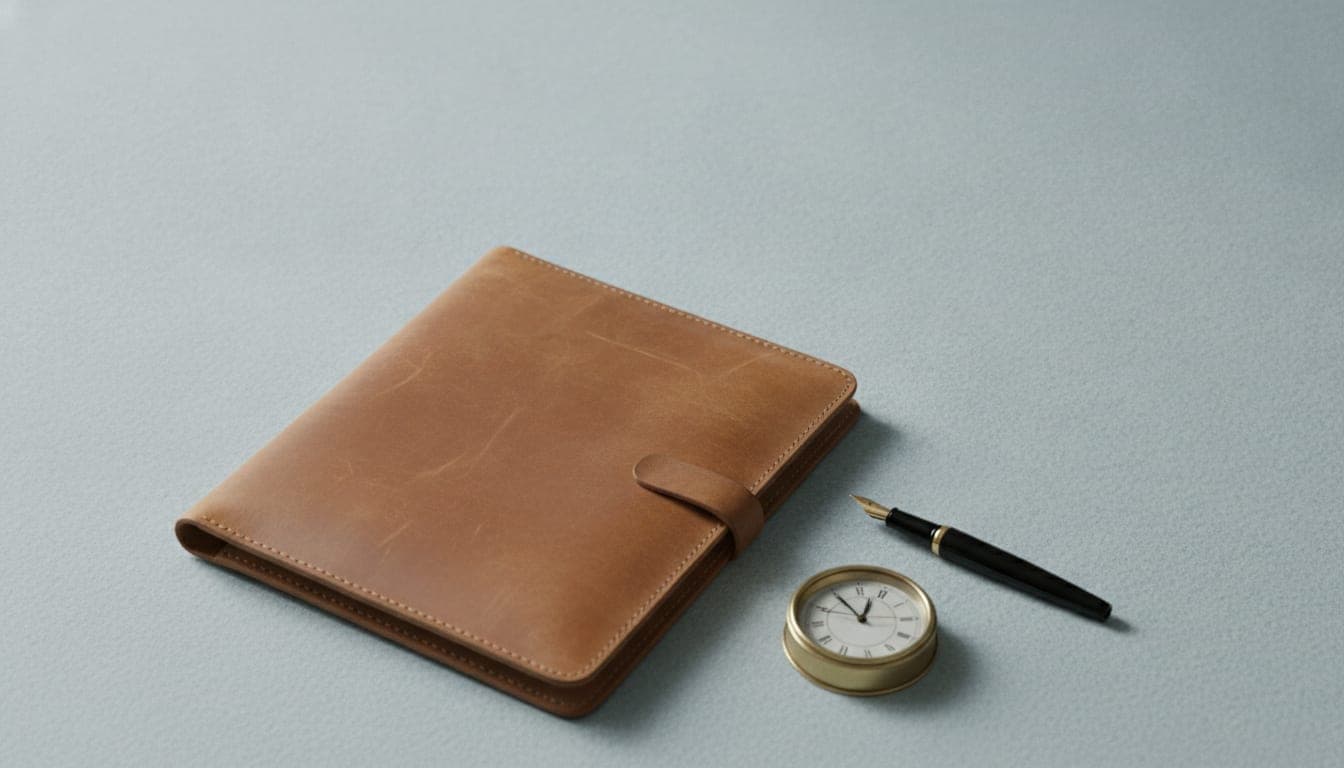 A leather document portfolio, a pen and a desk clock