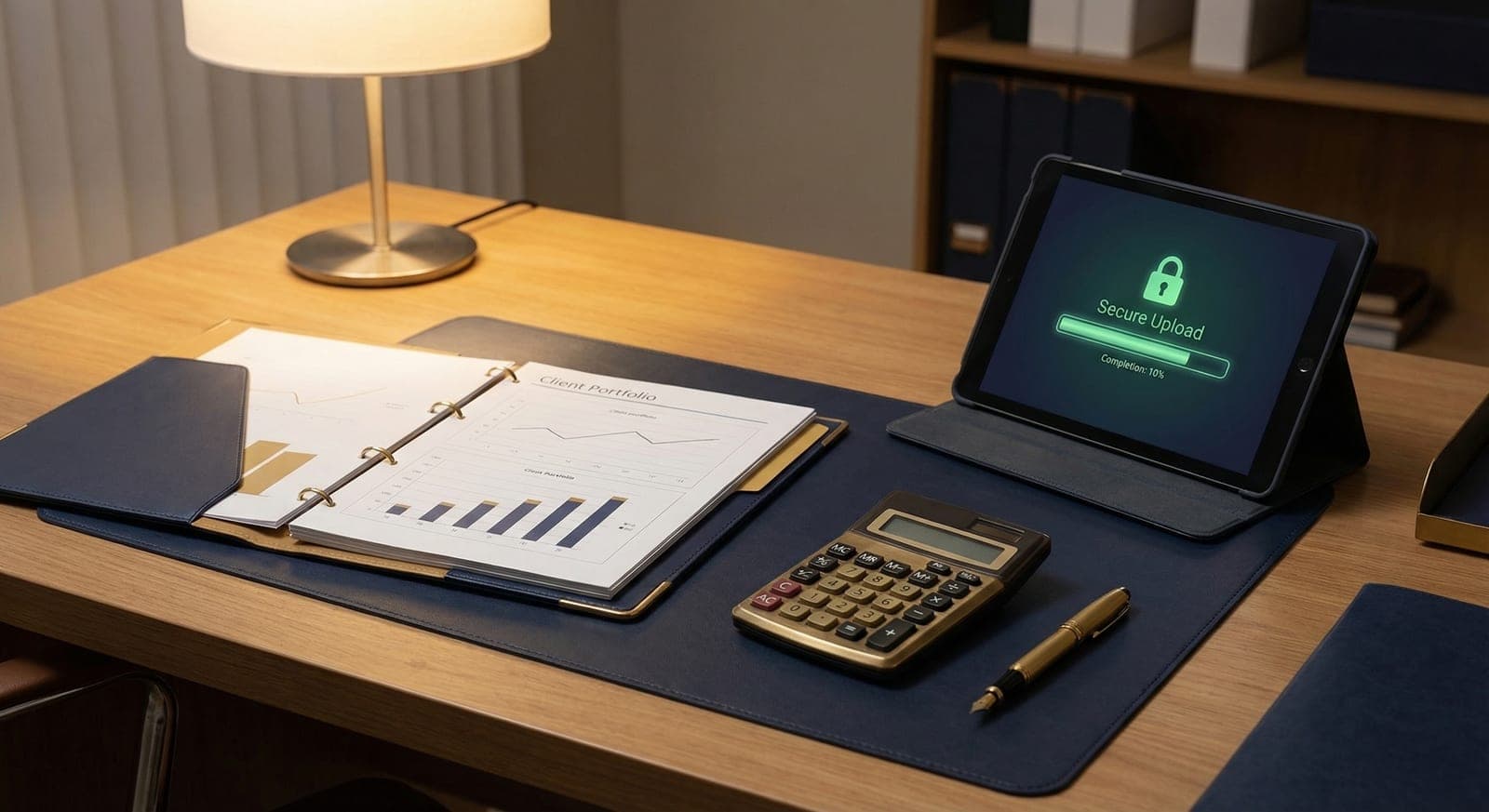 Financial advisor desk with client portfolio and secure upload