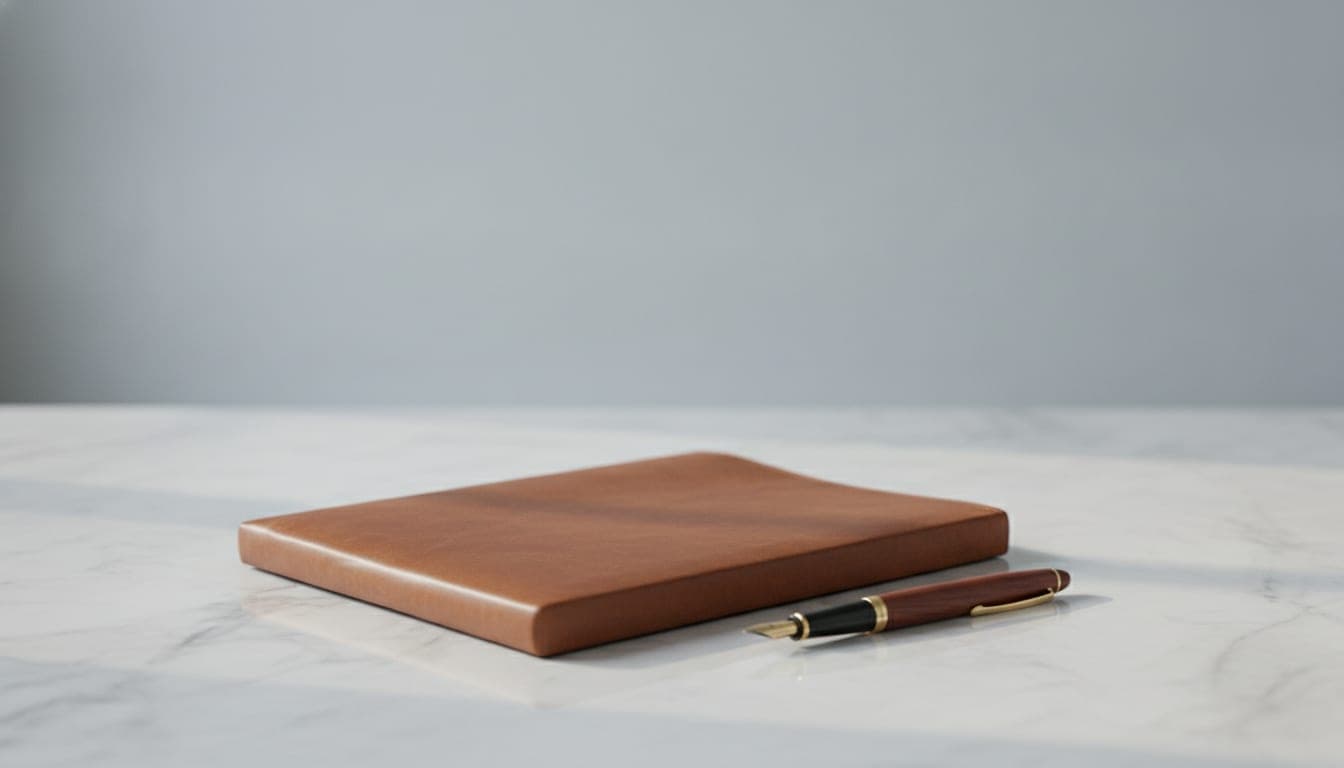 A leather document folder and a pen on a marble desk
