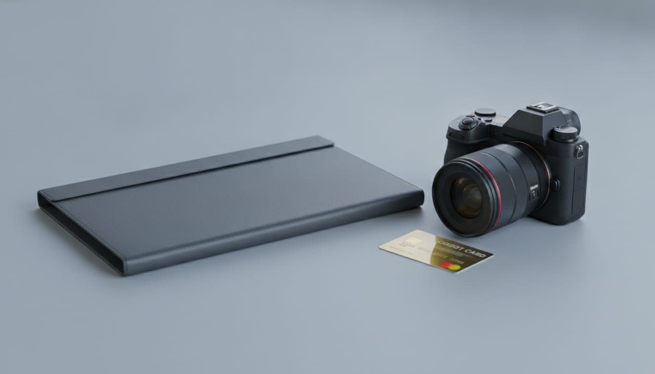 A modelling portfolio, camera and bank card on a studio surface