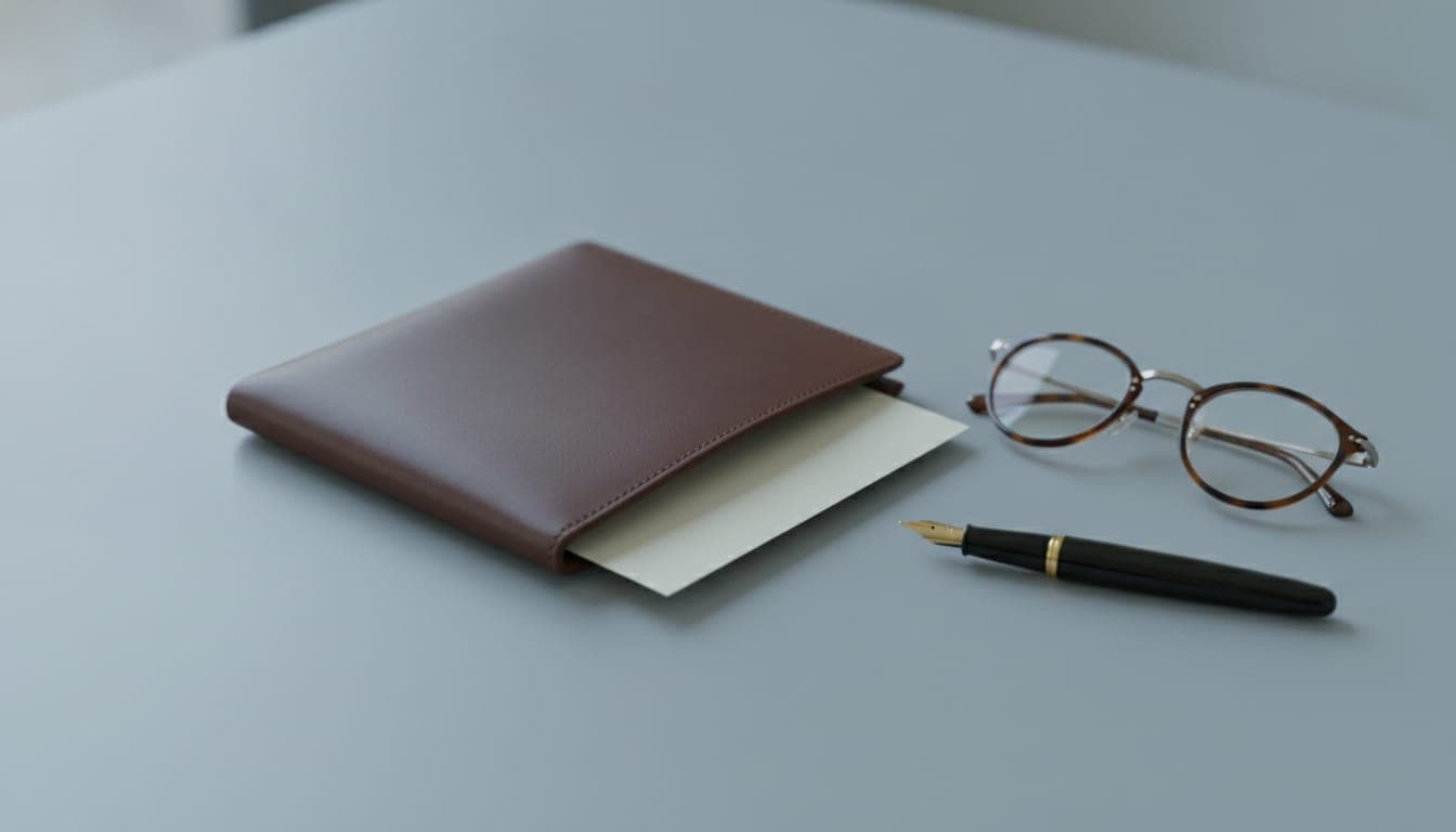 A document wallet, pen and reading glasses on a desk