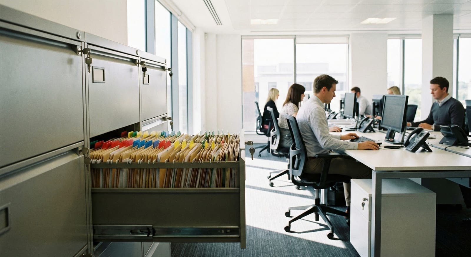 Recruitment agency office with locked filing cabinet