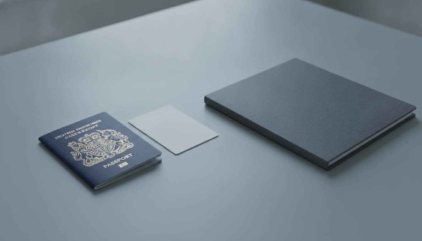 A passport and an ID card beside a document folder