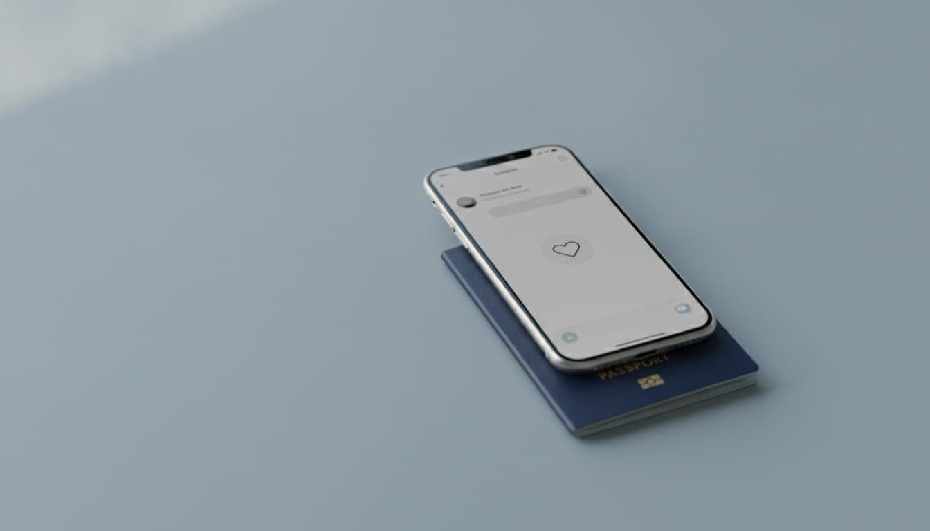 A phone showing a dating-app chat beside a passport