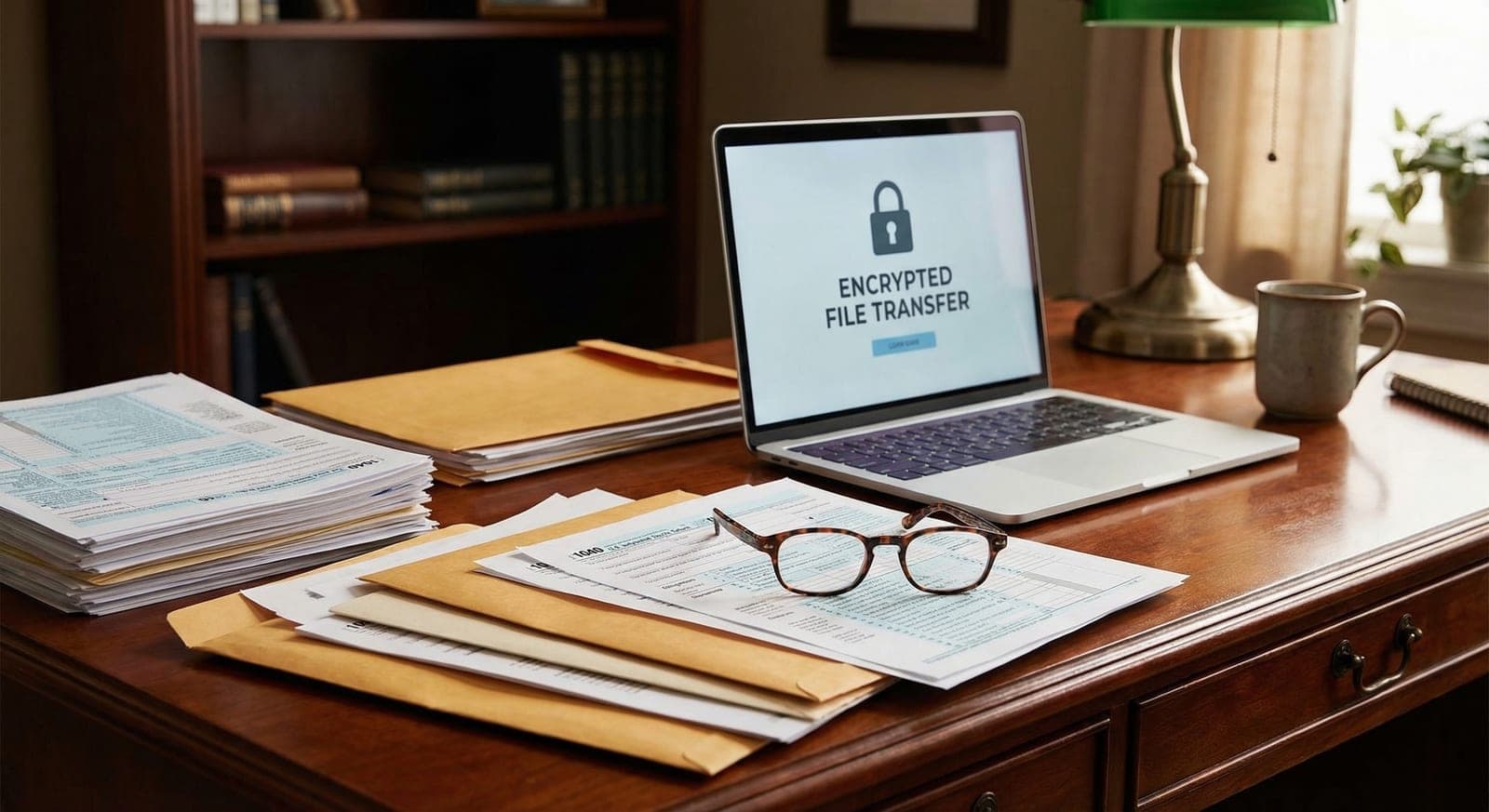 Accountant desk with tax documents and secure laptop