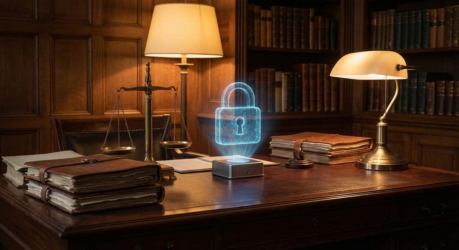 Solicitor desk with legal documents and scales of justice