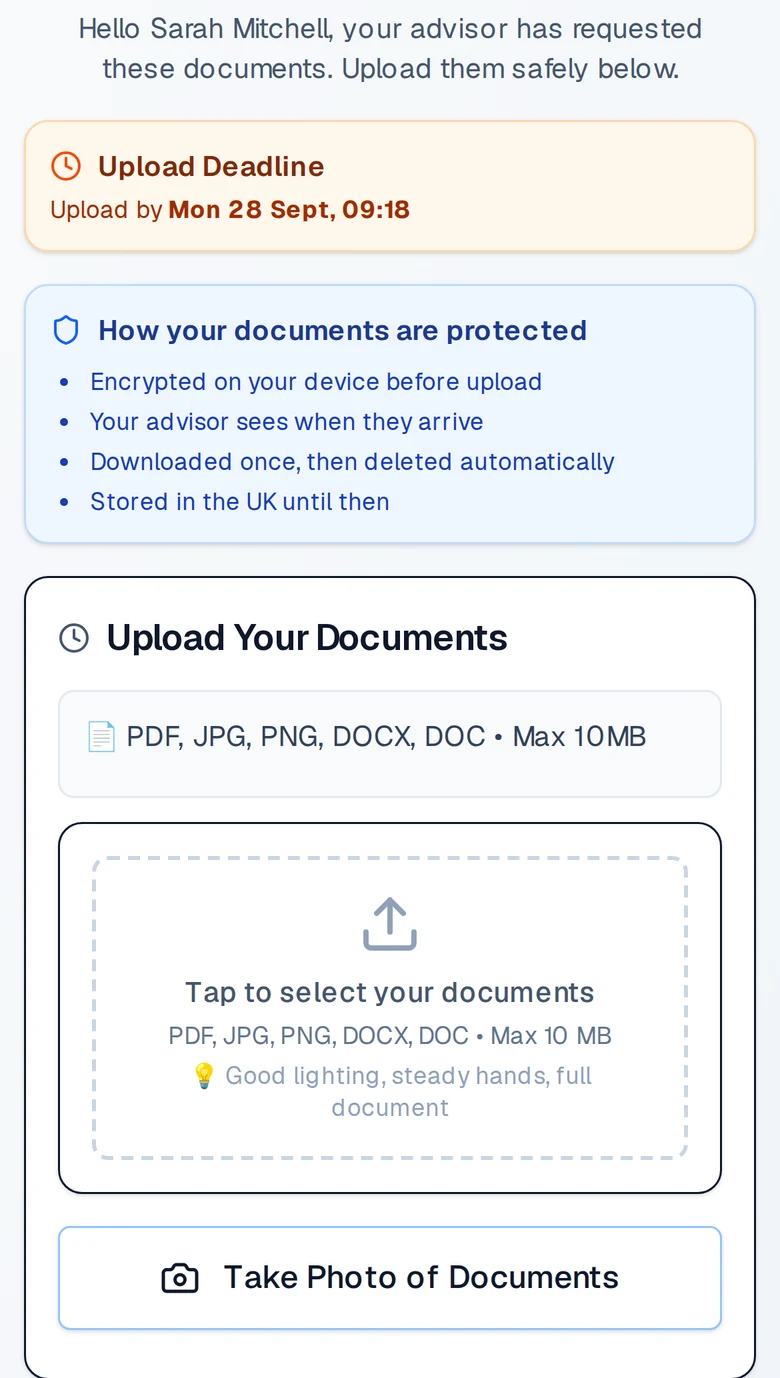 A client's upload screen on a phone, with the request greeting, the upload deadline, how the documents are protected, and buttons to select documents or take a photo of them
